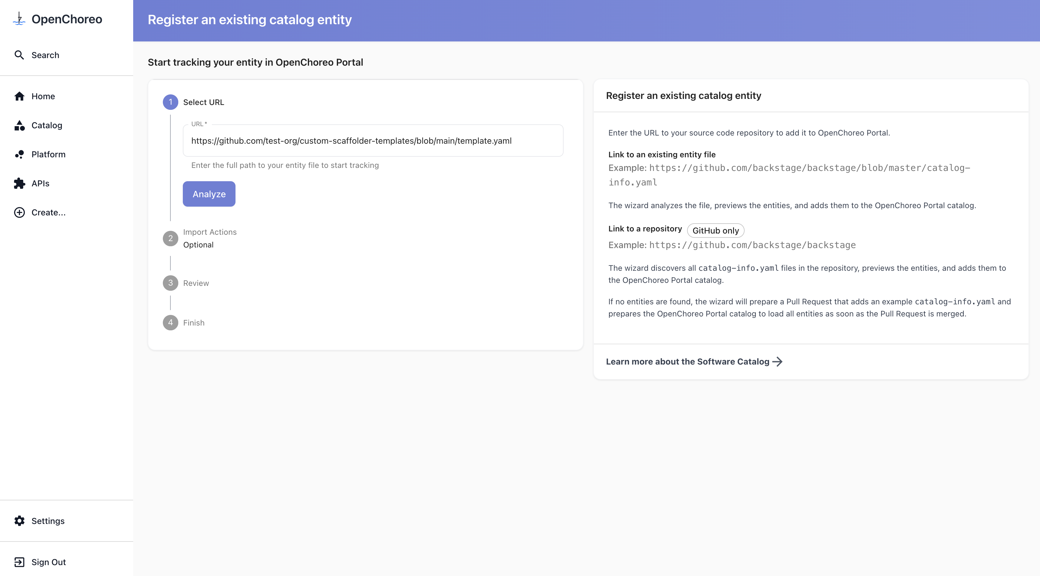 Backstage Import to Catalog wizard with a template.yaml URL pasted into the analyze step