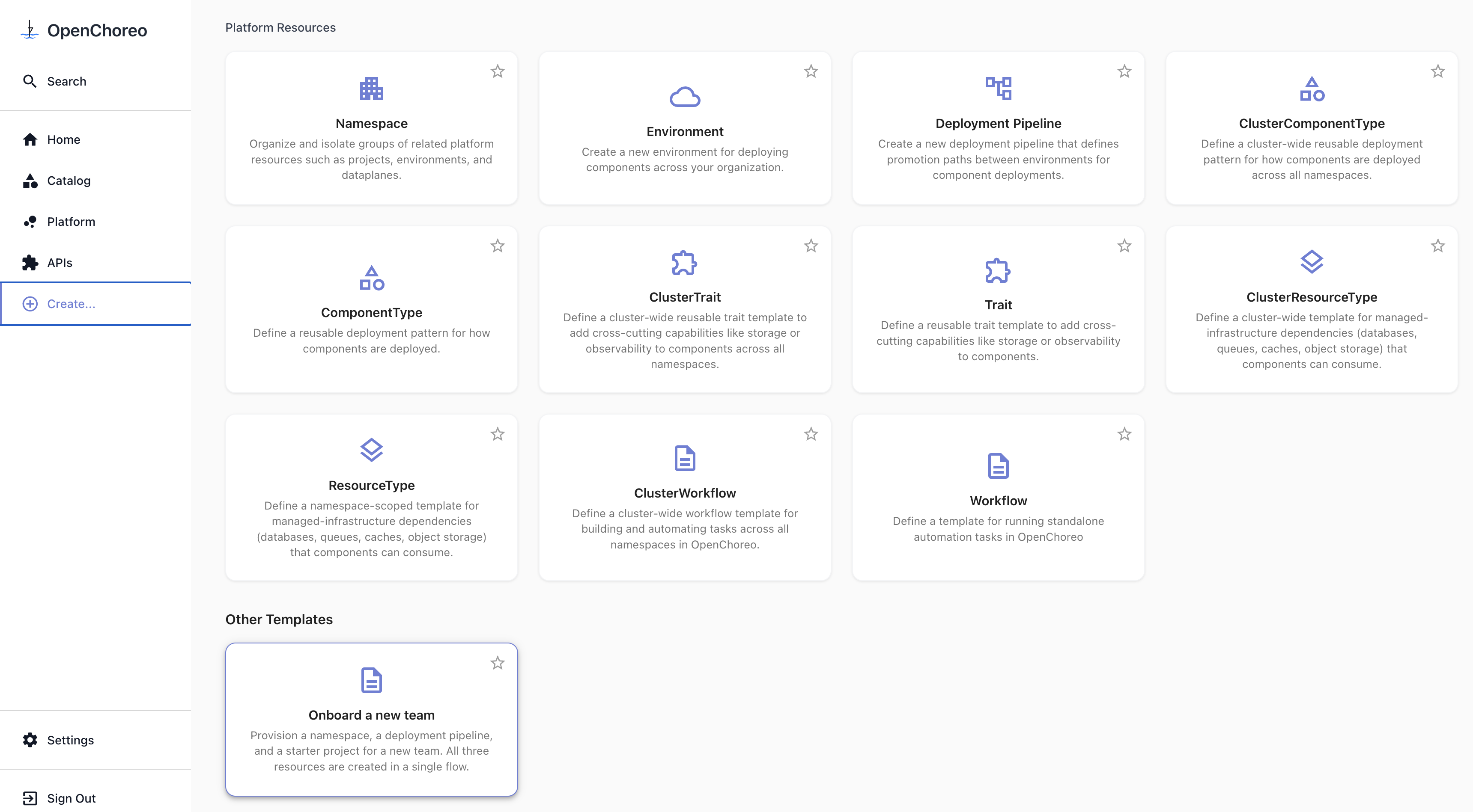 Custom enterprise template appearing on the Backstage Create page alongside the built-in OpenChoreo templates
